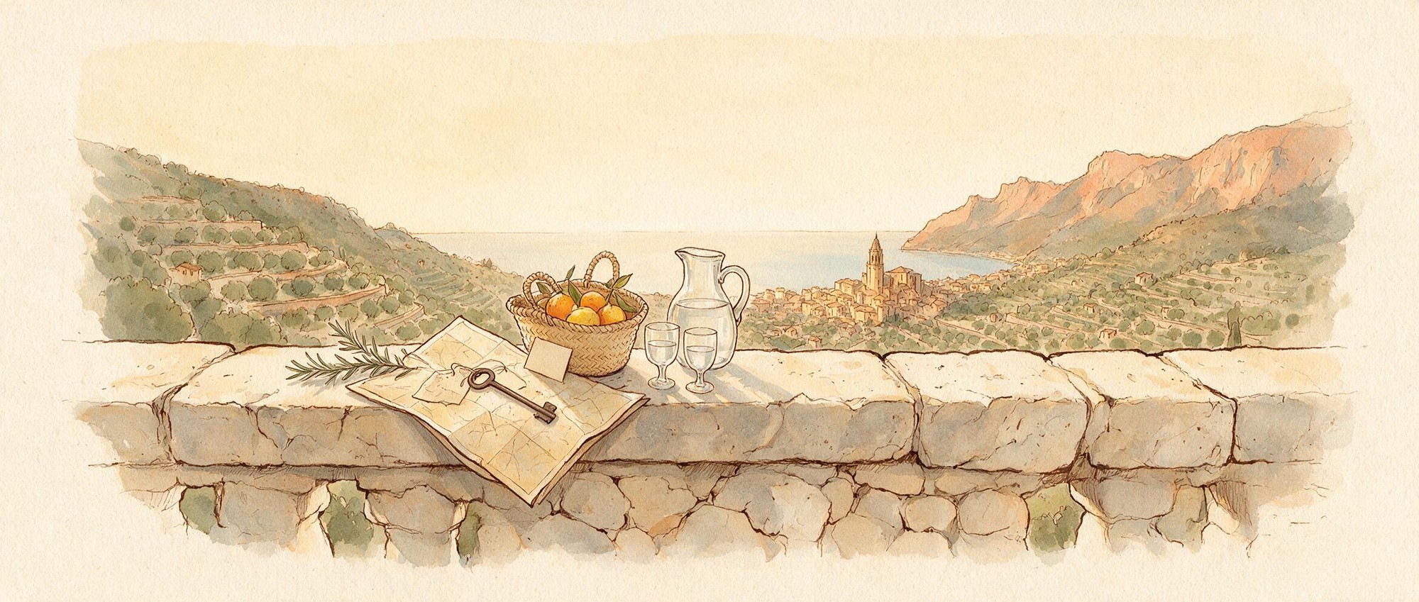 Drawing: an arrival table on a stone wall above the valley of Sóller, with a key on a map, a basket of oranges, a water jug and glasses