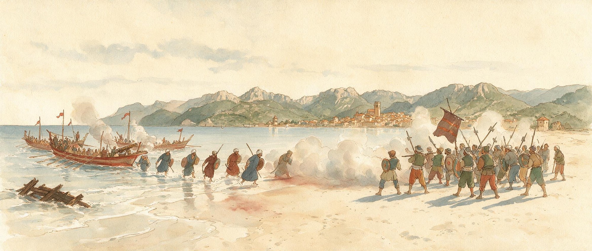Drawing: corsair galleys lying in the bay of Port de Sóller at dawn, with the town and the Serra de Tramuntana behind