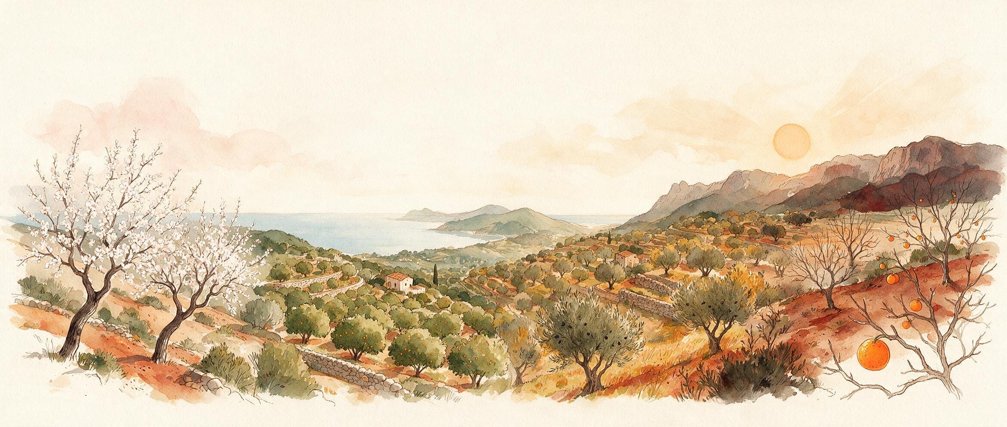 The valley of Sóller through the year: almond blossom on the left, the olive terraces and the sea in the middle, ripe oranges under a low sun on the right