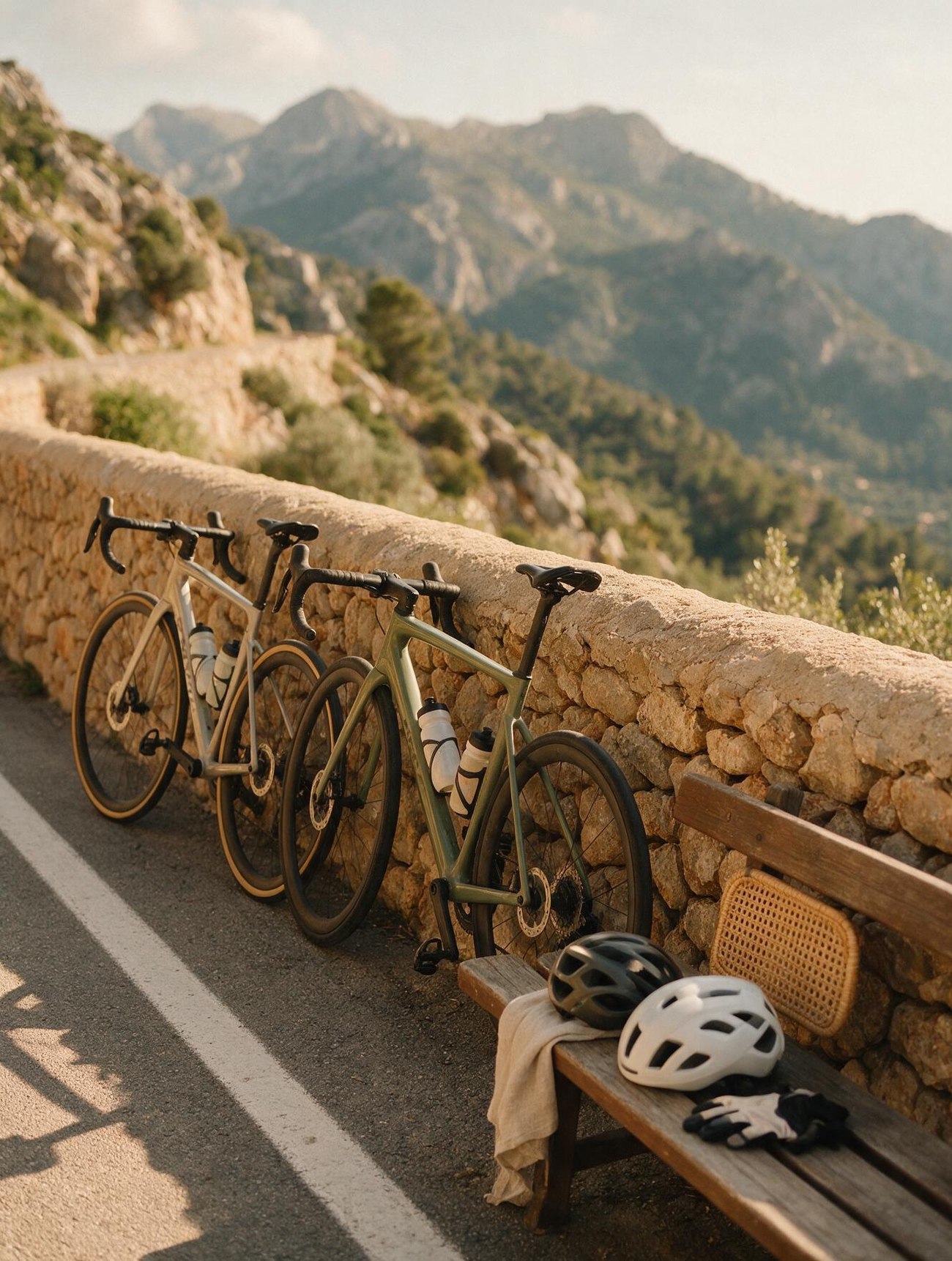 Road bikes leaning on a dry-stone wall above the valley