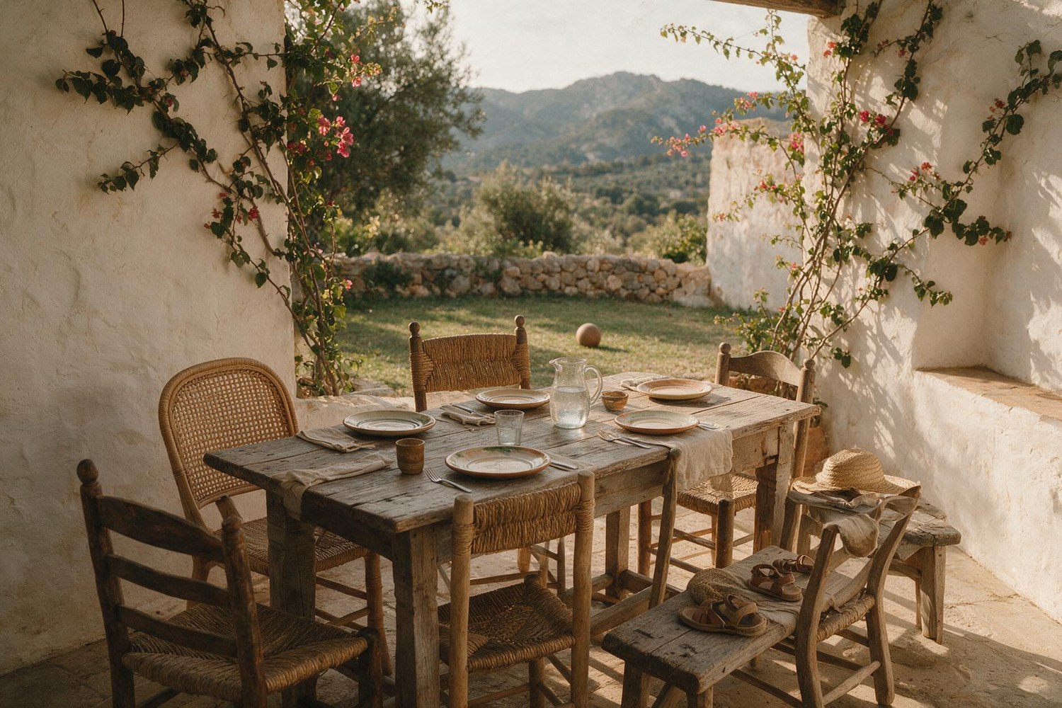 A laid table on a terrace above the valley