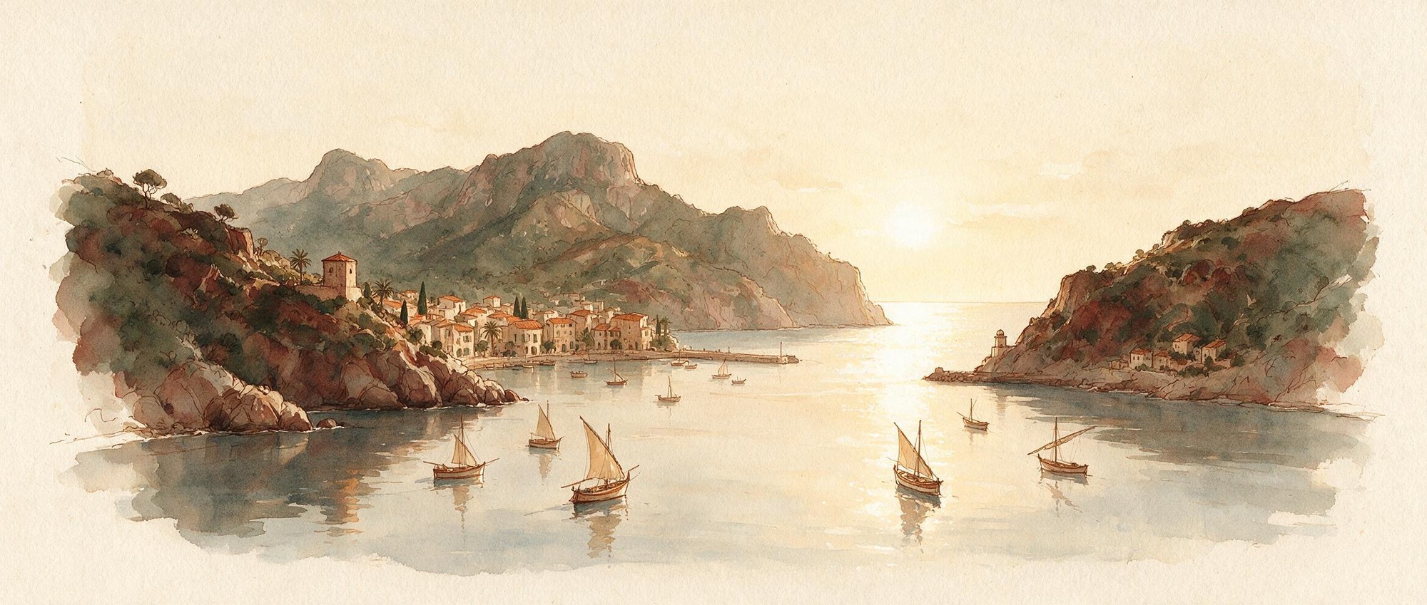 Drawing: the narrow entrance to the natural harbour of Port de Sóller, the bay opening to the open sea between two headlands