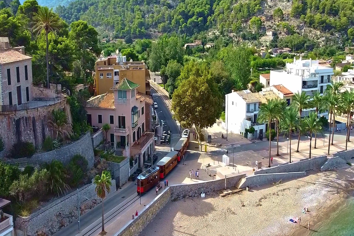 The historic tram on its way between Sóller and the harbour, the sea on the left